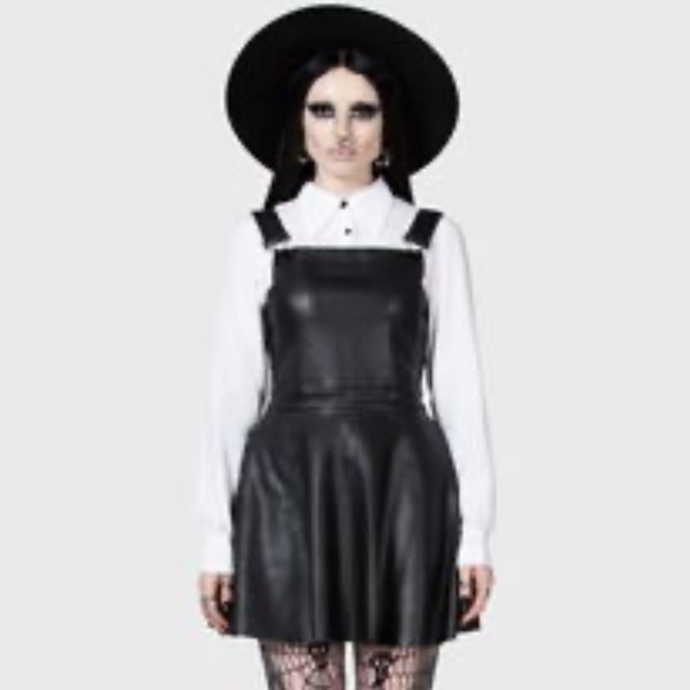 O MIGHTY Faux Leather Black Overalls Dress